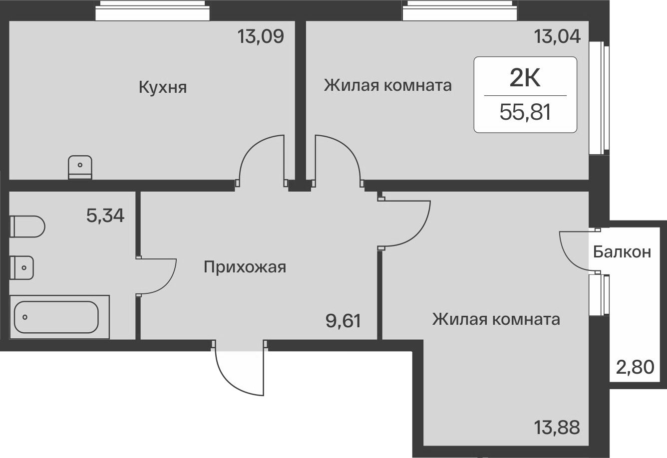2-комнатная квартира 55.81 м², 5/9 эт., ЖК «Расцветай в Янино»